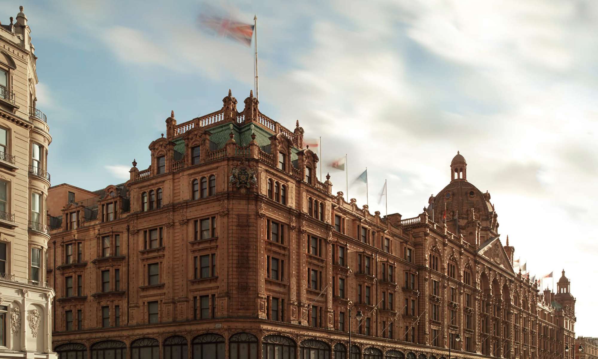 Exterior day time view of Harrods 